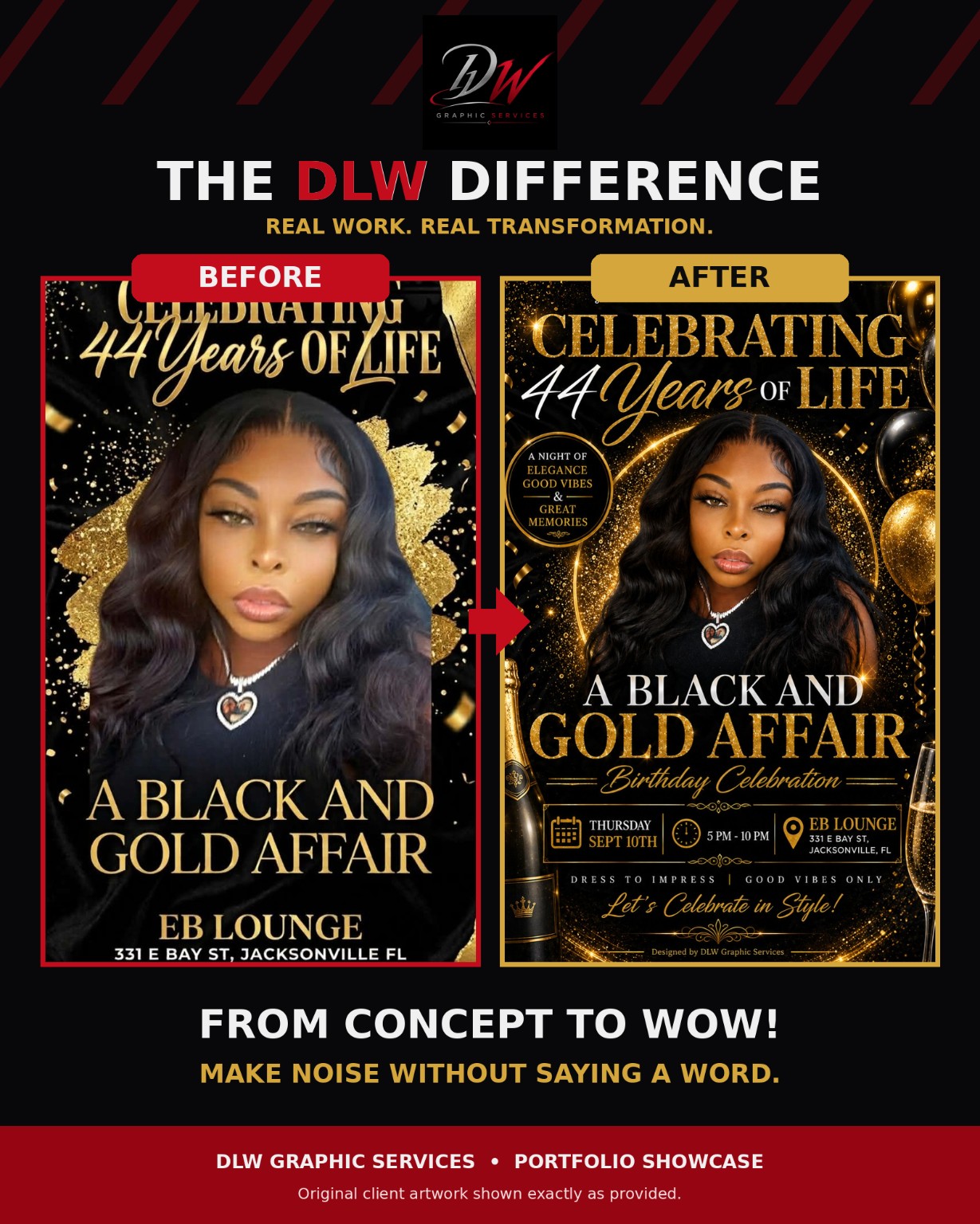 DLW Graphic Services before and after portfolio showcase featuring a client birthday flyer transformation