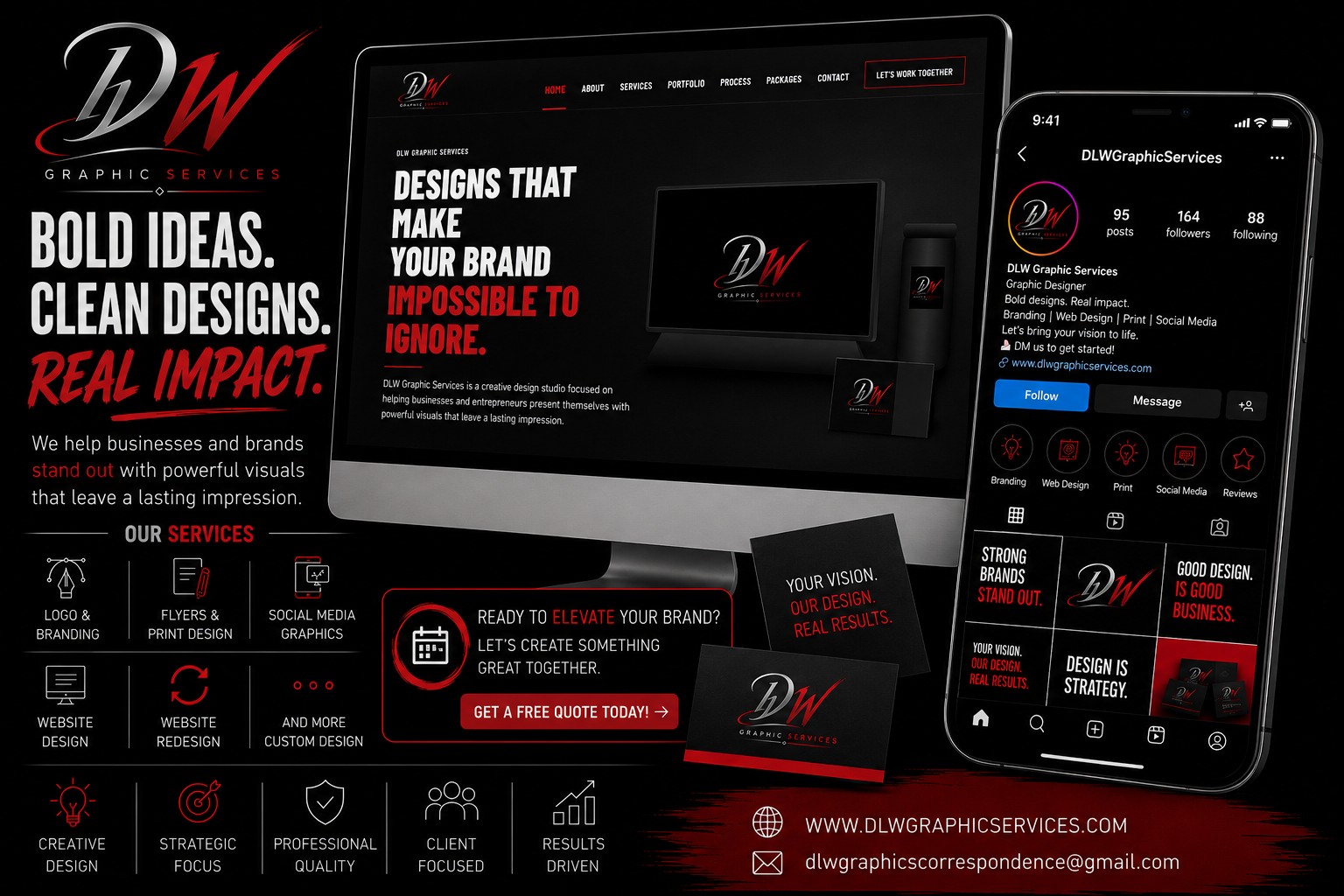 DLW Graphic Services promotional advertisement featuring website, Instagram, services and contact information